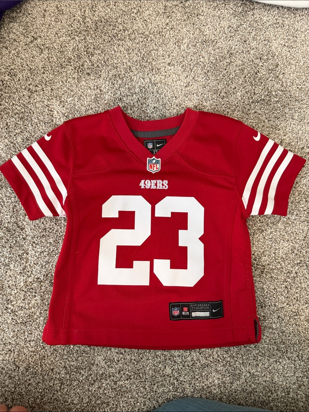 San Francisco 49ers Nike Red Kids Football  Jersey with White #23 mccaffrey 2t